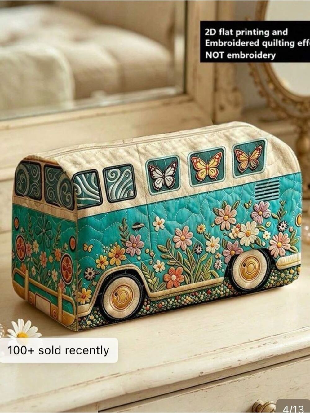 Turquoise Floral Camper Cosmetic Bag - Quilted Toiletry Case